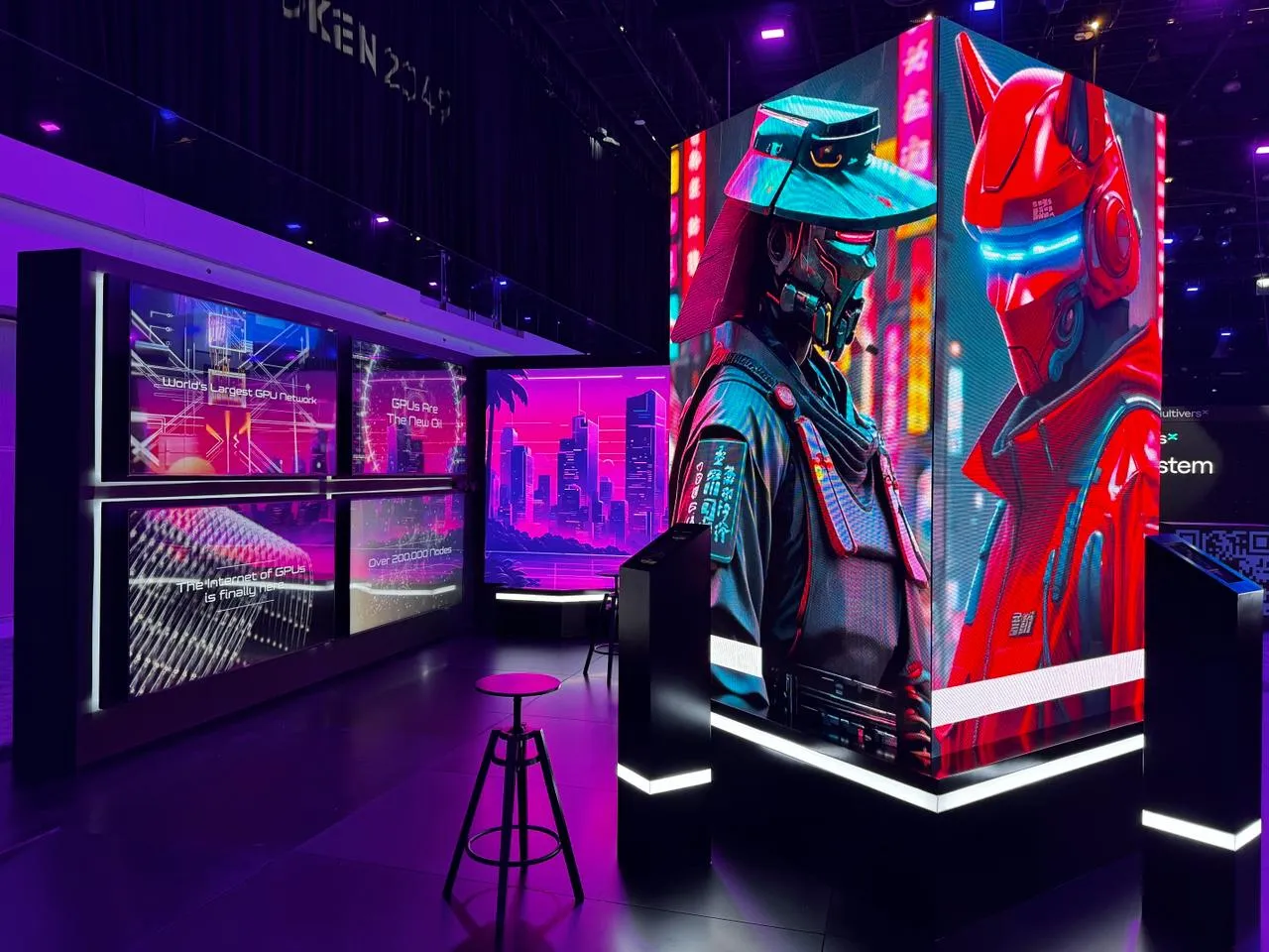 Cyberpunk-inspired exhibition stands and networking lounges for ioNet, showcasing their cutting-edge GPU technology and cryptocurrency launch. The minimalist design relied entirely on dynamic LED visuals to create a futuristic, high-tech ambiance, powered by BC8.ai, an ioNet-backed technology platform.